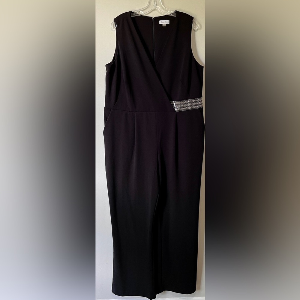 Calvin Klein V-Neck Jeweled Wasted Sleeveless Jump Suit